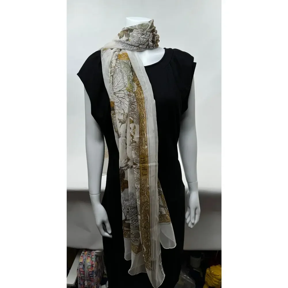 Hermes Extremely Rare 100% Silk Mirrored Image Hunt Scene Sheer Large Cape Shaw